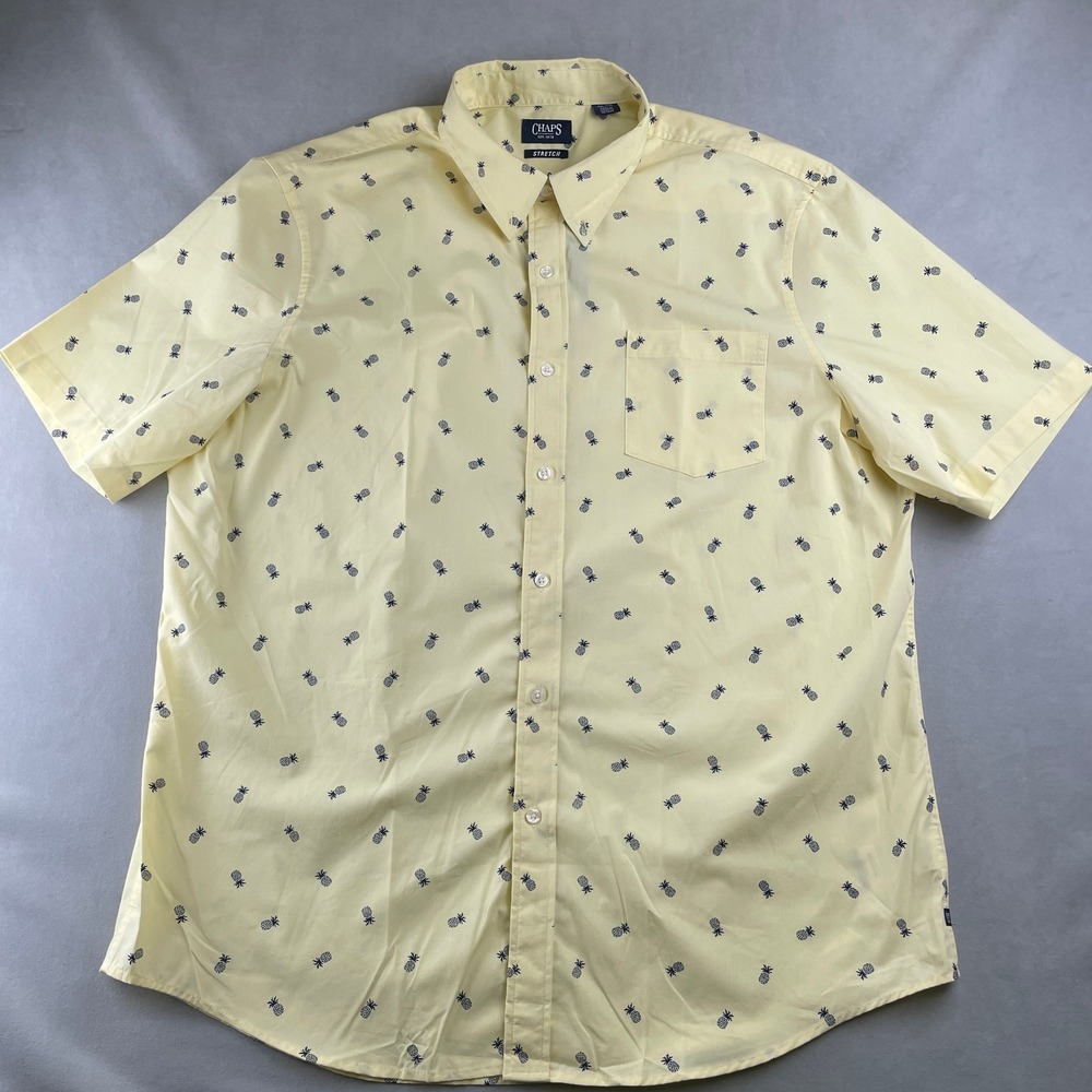 Chaps Men Pineapple S/S Button Down Stretch Shirt XXL Lemon Yellow Recycled Poly